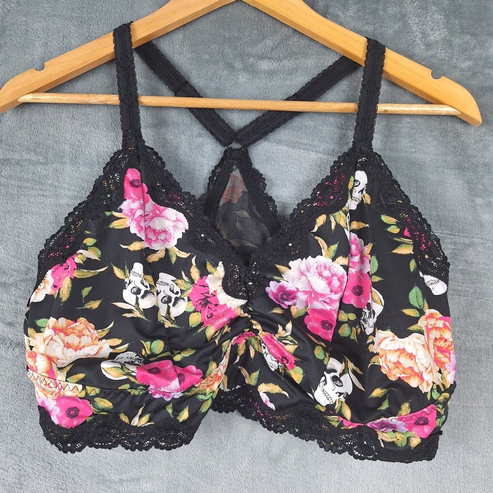 Torrid Curve Bra 1X Black Floral Lace Bralette Skulls Racerback Cute Goth Grunge